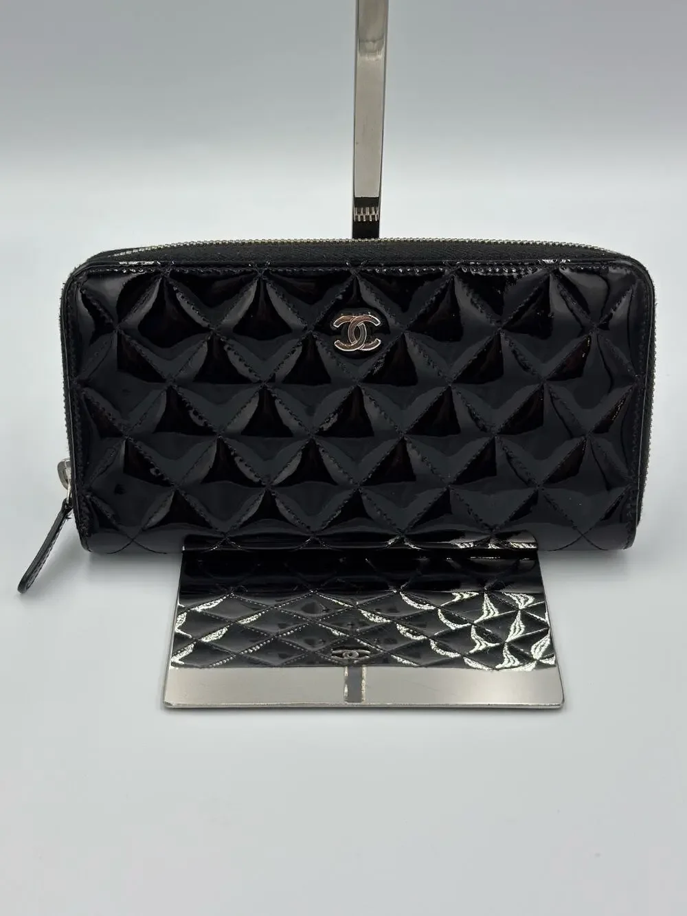 CHANEL Brilliant Patent Leather Zip Around Long Wallet Black Quilted CC Silver